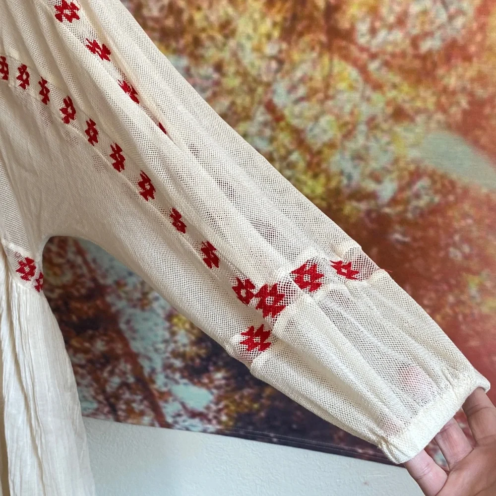 Free People Cream and Red Embroidered sheer Long Sleeve Dress - Picture 5 of 16